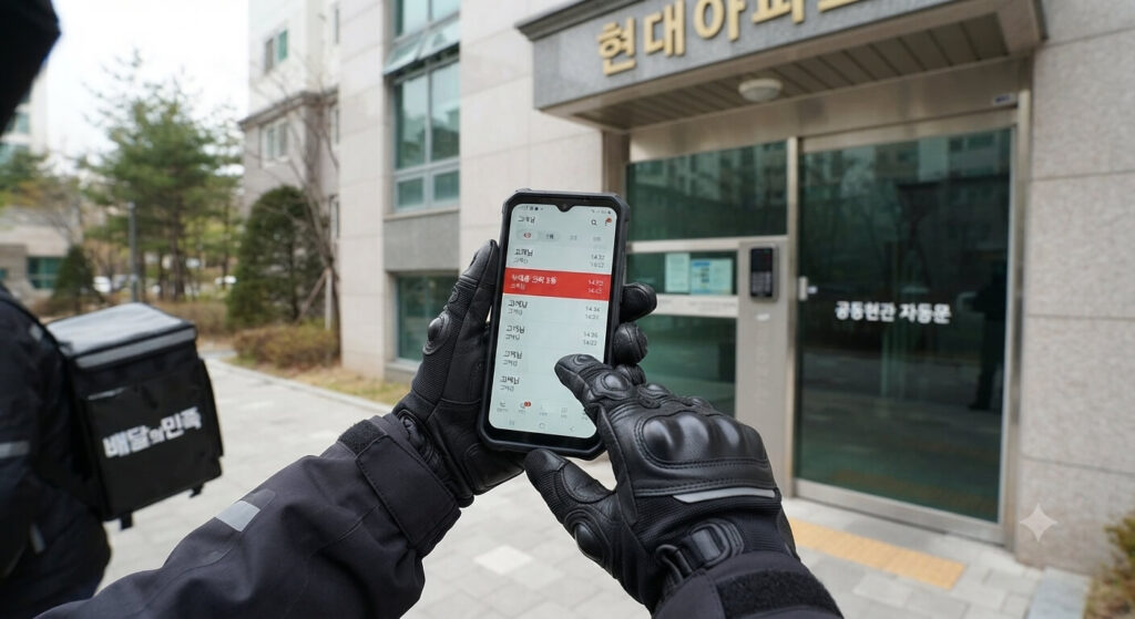 1인칭 시점에서 배달 라이더가 검은색 오토바이 장갑을 낀 손으로 핸드폰을 들고 있다. 핸드폰 화면에는 5통의 부재중 전화가 붉게 강조되어 표시되어 있으며, 발신인은 '고객님'으로 확인된다. 라이더의 다른 쪽 장갑 낀 손가락이 화면의 전화를 가리키고 있다. 배경으로는 '현대아파트'라고 적힌 아파트 건물 입구와 '공동현관 자동문'이 보인다. 왼쪽에는 배달 가방의 일부가 살짝 보인다