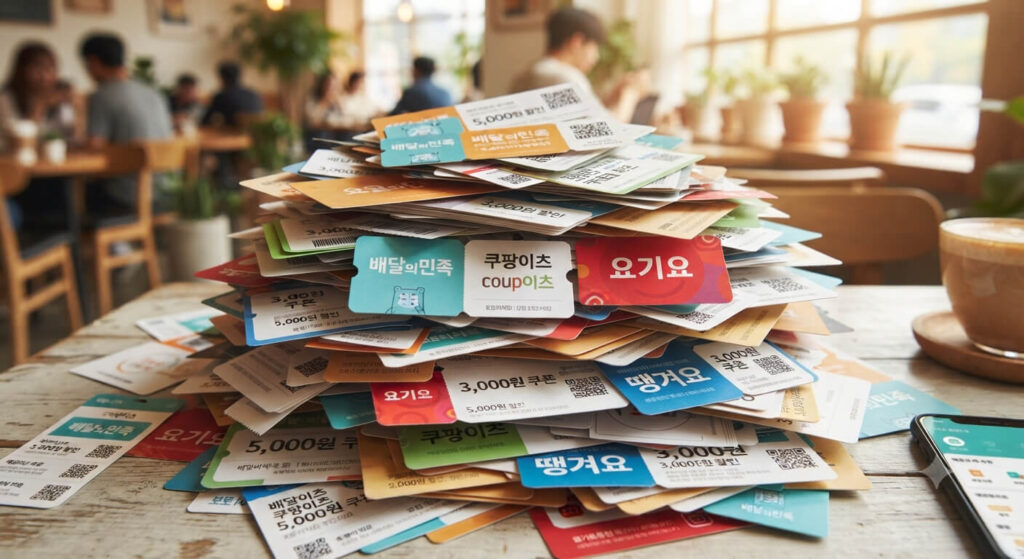 따뜻한 분위기의 카페 테이블 위에 '배달의민족', '쿠팡이츠', '요기요' 등 다양한 배달 앱 로고가 찍힌 할인 쿠폰들이 수북하게 쌓여 있는 모습