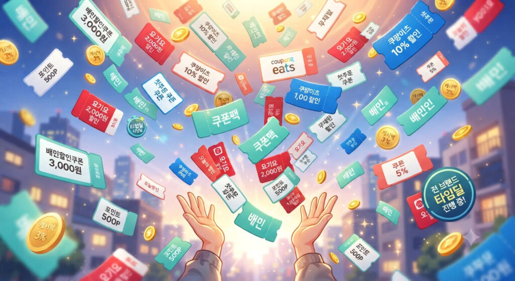 배달의민족, 쿠팡이츠, 요기요 앱의 다양한 할인 쿠폰, 포인트, 캐시백, 타임딜 문구가 적힌 종이들이 하늘에서 사람의 손을 향해 쏟아져 내리는 역동적인 일러스트
