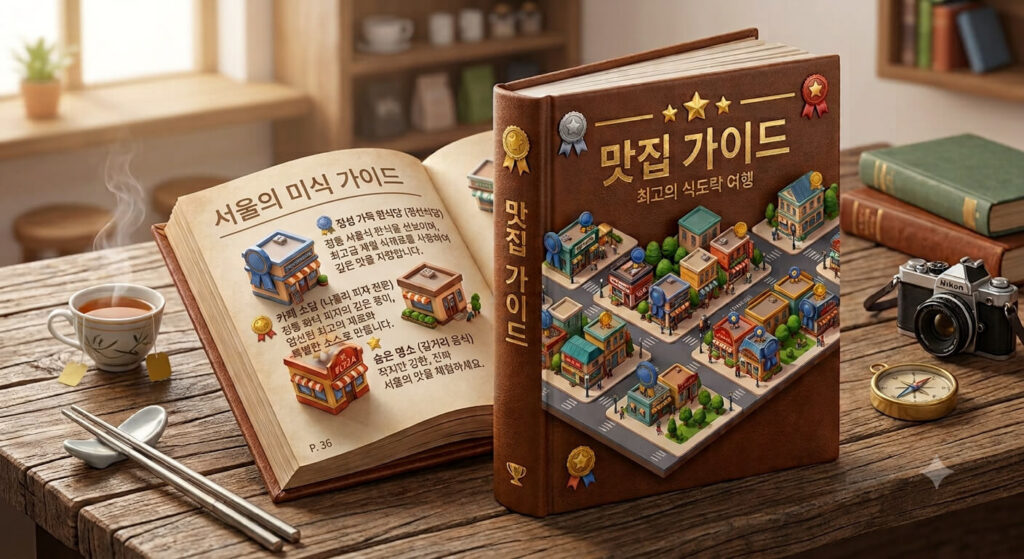나무 테이블 위에 펼쳐진 두꺼운 갈색 표지의 맛집 가이드 북. 책 표지에는 '맛집 가이드 최고의 식도락 여행'이라는 제목과 함께 아기자기한 건물과 도로가 그려진 3D 입체 지도가 묘사되어 있습니다. 펼쳐진 왼쪽 페이지에는 '서울의 맛집'이라는 제목 아래 한식당과 카페 같은 개별 가게 아이콘과 설명이 적혀 있습니다. 책 옆에는 따뜻한 차가 담긴 찻잔, 숟가락과 젓가락, 클래식 필름 카메라와 나침반이 놓여 있어 아늑한 분위기를 자아냅니다.