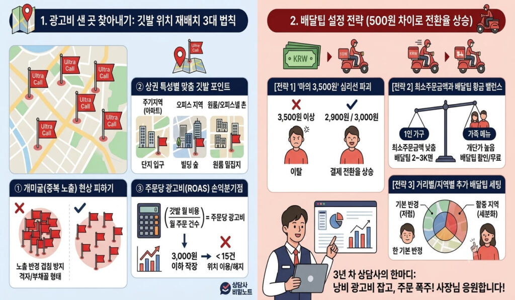 배달앱 광고비 낭비 막기 인포그래픽. 좌측에는 깃발 위치 재배치 3대 법칙(개미굴 중복 노출 방지, 상권별 포인트, 주문당 광고비 손익분기점)이 정리되어 있고, 우측에는 배달팁 설정 전략(3,500원 심리선 파괴, 최소주문금액과 배달팁 밸런스, 거리별 추가 배달팁 세팅)과 상담사의 응원 메시지가 담겨 있습니다.
