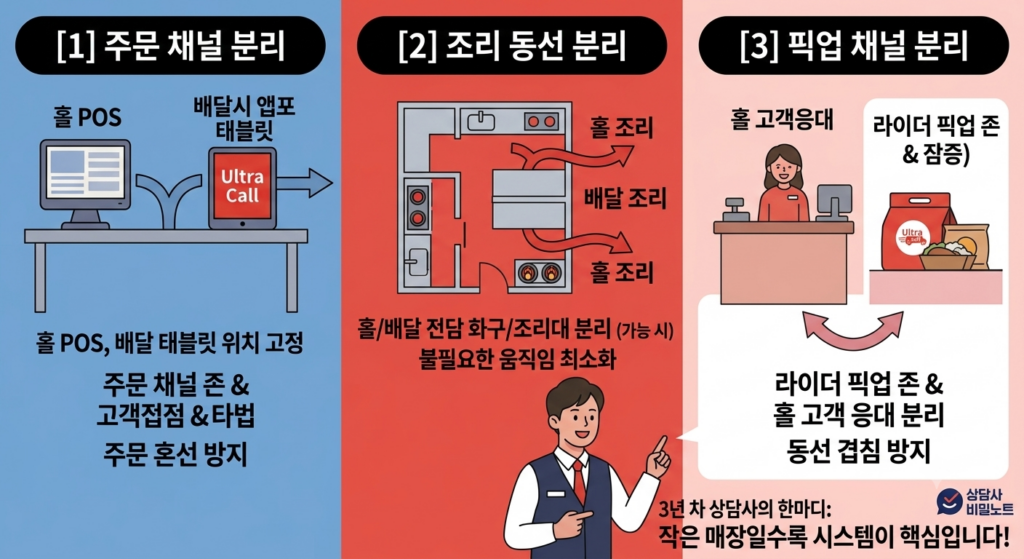 홀과 배달 동시 운영 시 '멘붕'을 막기 위한 3단계 시스템 인포그래픽. 주문 채널 분리(POS/태블릿 고정), 조리 동선 분리(전담 구역), 픽업 채널 분리(라이더 전용 존) 전략을 시각적으로 설명하며, 작은 매장일수록 시스템이 핵심임을 강조합니다.