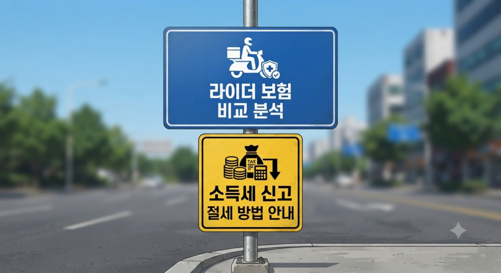 흐릿한 도심 배경의 도로변에 세워진 회색 기둥에 부착된 두 개의 교통 표지판. 상단의 파란색 표지판에는 오토바이를 탄 배달원과 보호 쉴드 아이콘, 그리고 '라이더 보험 비교 분석'이라는 흰색 텍스트가 있습니다. 하단의 노란색 표지판에는 동전, 돈주머니, 계산기 아이콘과 함께 '소득세 신고', '절세 방법 안내'라는 검은색 텍스트가 있습니다.
