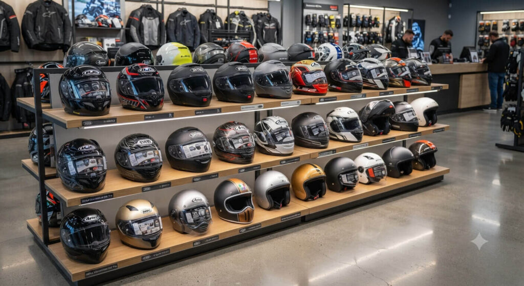 조명 아래 다단 나무 선반에 HJC, Shoei, Arai, AGV 등 다양한 브랜드의 오토바이 헬멧 수십 개가 질서 정연하게 진열되어 있다. 검은색, 흰색, 빨간색, 카본 등 다양한 색상과 디자인의 풀페이스, 모듈러, 오픈페이스 헬멧이 보인다. 매장 내부 배경에는 오토바이 재킷과 의류가 걸려 있고, 뒤편 계산대에서 직원들이 일하고 있다. 매장 바닥은 콘크리트이다.