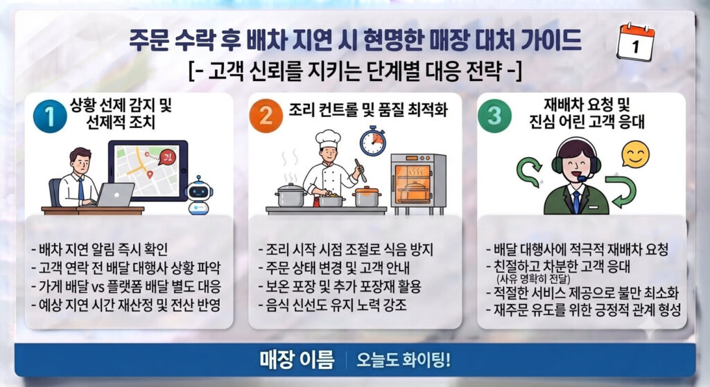 주문 수락 후 배차 지연 시 대처 가이드 인포그래픽