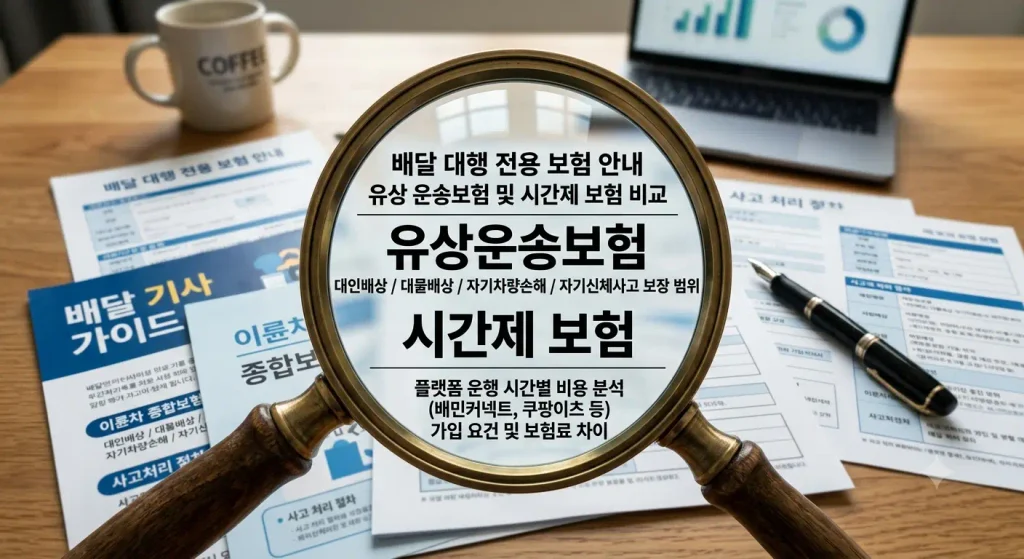유상운송보험 vs 시간제 보험 책상 위에 펴진 유상운송보험 vs 시간제 보험 약관 및 가이드 서류를 돋보기로 정밀하게 비교 분석하는 이미지