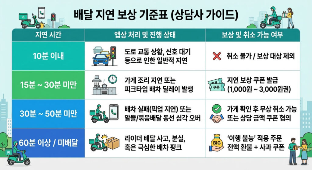 배달 지연 30분 환불 기준표 인포그래픽: 배달앱 고객센터 3년차 상담사가 공개하는 시간대별(10분, 30분, 60분) 무상 취소, 전액 환불, 지연 보상 쿠폰 발급 조건 가이드 이미지