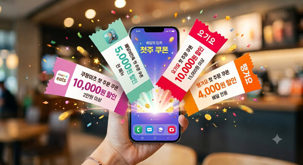 스마트폰 화면에서 튀어나오는 쿠팡이츠, 배달의민족, 요기요, 땡겨요 첫 주문 할인 쿠폰