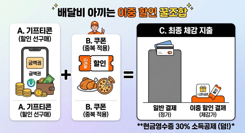 기프티콘 할인 선구매와 배달 앱 쿠폰 중복 적용을 결합하여 일반 결제 대비 지출을 획기적으로 줄이는 배달비 이중 할인 구조 인포그래픽