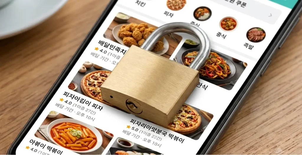 배달앱 안심번호 화면이 띄워진 스마트폰 위에 개인정보 보호와 안심번호 보안을 상징하는 자물쇠가 단단히 잠겨 놓여 있는 모습