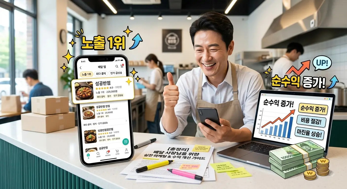 배달 앱 수익 개선 식당 카운터에서 밝게 미소 짓는 사장님이 스마트폰을 들고 있는 모습. 스마트폰 화면에는 '노출 1위'가 강조되어 있고, 노트북 화면에는 '순수익 증가!' 우상향 그래프와 마진율 상승 지표가 보입니다. 테이블 위에는 배달 마케팅 실전 가이드 문서와 현금이 함께 놓여 있습니다