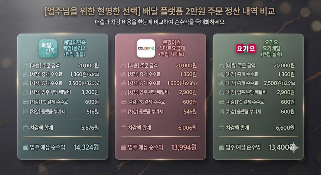 배달앱 수수료 제목은 "[업주님을 위한 현명한 선택] 배달 플랫폼 2만원 주문 정산 내역 비교"입니다. 부제는 "매출과 차감 비용을 한눈에 비교하여 순수익을 극대화하세요."입니다. 어두운 배경 위에 세 개의 반투명 카드(민트, 핑크, 세이지 그린)가 나란히 배치되어 있습니다. 각 카드는 배달의민족(배민1플러스), 쿠팡이츠(스마트요금제), 요기요(요기배달)의 정산 내역을 상세히 비교합니다. 모든 플랫폼의 주문 금액은 20,000원으로 동일합니다. 각 카드는 중개수수료(금액 및 %), 업주 부담 배달비, PG 결제수수료, 플랫폼 부가세를 상세히 나열하고 차감액 합계를 계산한 후, 최종 업주 예상 순수익을 보여줍니다. 하단에는 각 순수익을 시각적으로 비교하는 작은 막대 그래프가 있습니다. 배달의민족의 예상 순수익이 14,324원으로 가장 높고, 쿠팡이츠가 13,994원, 요기요가 13,400원 순입니다.