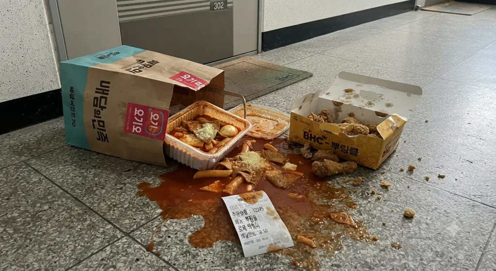현관 앞 바닥에 배달된 용기가 터져 국물이 쏟아지고 포장 박스가 열려 있는 음식 파손 및 쏟아짐 사고 현장 모습