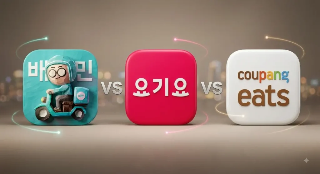 배달 사고 환불 국내 주요 배달 앱 3사 비교. 왼쪽부터 배달의민족 민트색 로고(스쿠터 탄 배민라이더 캐릭터와 '배민' 텍스트), 가운데 요기요 분홍색 로고('요기요' 한글 텍스트), 오른쪽 쿠팡이츠 흰색 로고('coupang eats' 영문 텍스트)가 나란히 배치되어 있습니다. 로고 사이에는 'VS' 문구가 있으며, 부드러운 빛과 은은한 야경 배경입니다