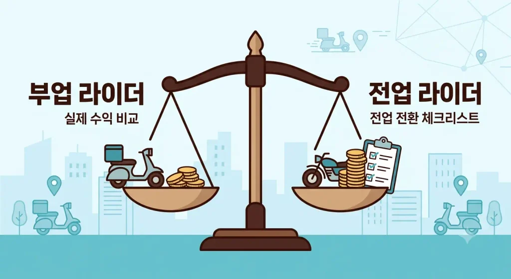 부업 라이더 vs 전업 라이더 양팔 저울 좌우에 부업 라이더와 전업 라이더의 오토바이, 동전, 체크리스트 아이콘이 올려져 있는 수익 비교 일러스트