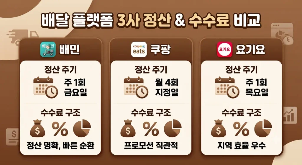 배민 쿠팡이츠 요기요 정산 주기 및 수수료 체계 분석 인포그래픽