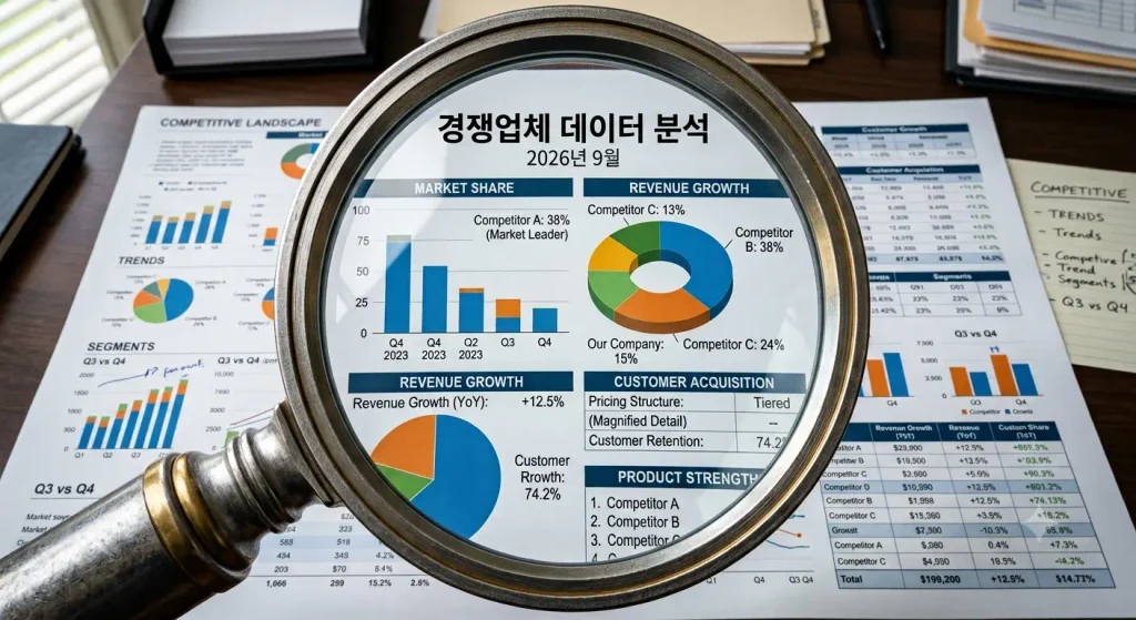 매장 배달앱 분석 책상 위 '경쟁업체 데이터 분석 2026년 9월' 제목의 리포트와 원형·막대 그래프를 대형 돋보기로 크게 확대하여 보여주는 이미지
