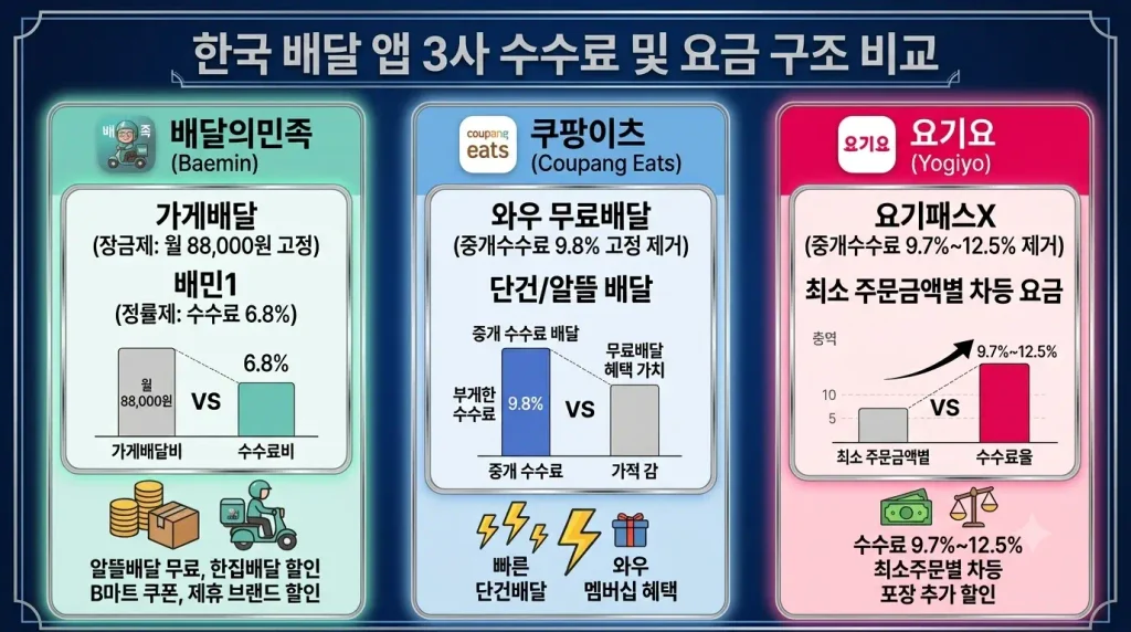 배달앱 가격 차이 : 배달의민족(가게배달·배민1), 쿠팡이츠(와우 무료배달), 요기요(요기패스X) 등 배달 앱 3사의 중개 수수료율, 요금제, 멤버십 혜택을 비교한 인포그래픽 이미지