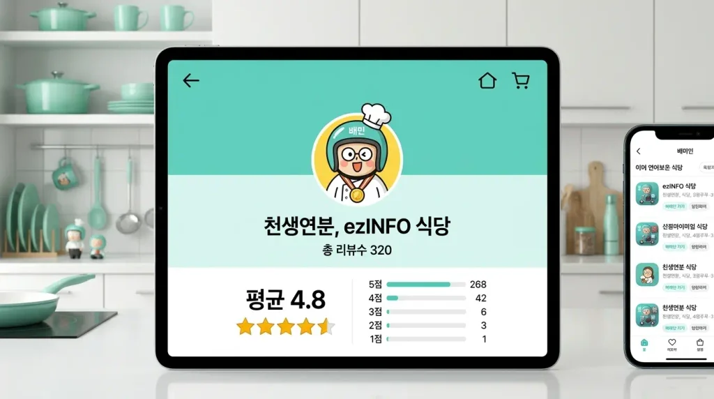 배달앱 별점 : 태블릿 화면에 표시된 ezINFO 식당의 배달 앱 리뷰 요약 인터페이스. 평균 별점 4.8점, 총 리뷰 수 320개 및 5점부터 1점까지의 상세 리뷰 분포 그래프가 시각화되어 있는 이미지.