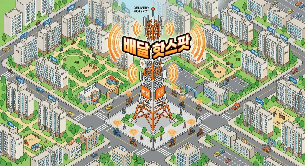 아파트 단지 지도 중앙의 사거리에 '배달 핫스팟' 문구가 새겨진 대형 안테나 타워가 서 있고 주변 도로의 배달 라이더들이 전파 신호를 받아 대기하는 조감도 일러스트