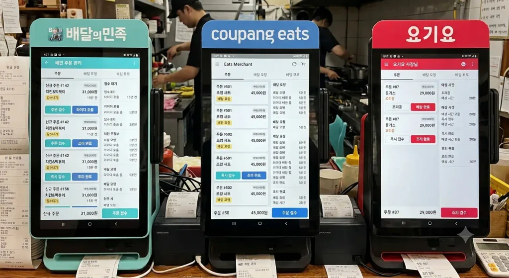 POS 주문 연동 : 배달의민족, 쿠팡이츠(coupang eats), 요기요 영문/한글 로고가 적용된 3대의 배달 주문 접수 전용 POS 단말기가 매장 카운터에 가득 차게 나란히 배치되어 있는 모습