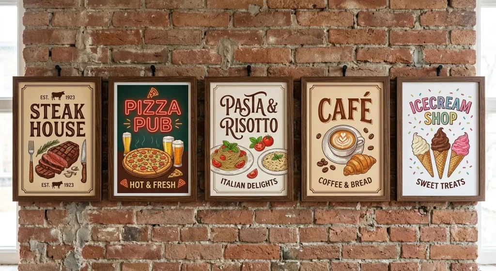 샵인샵 창업 대체 텍스트: 낮 시간대, 하나의 넓은 매장 안에 'PIZZA PUB', 'PASTA', 'STEAK HOUSE', 'CAFE' 간판이 각각 걸린 4개의 섹션이 모여 있는 '샵인샵 딜리셔스 허브'의 외관. 여러 사람들이 매장 앞 테라스와 매장 내부에서 식사를 하거나 음식을 주문하고 있음