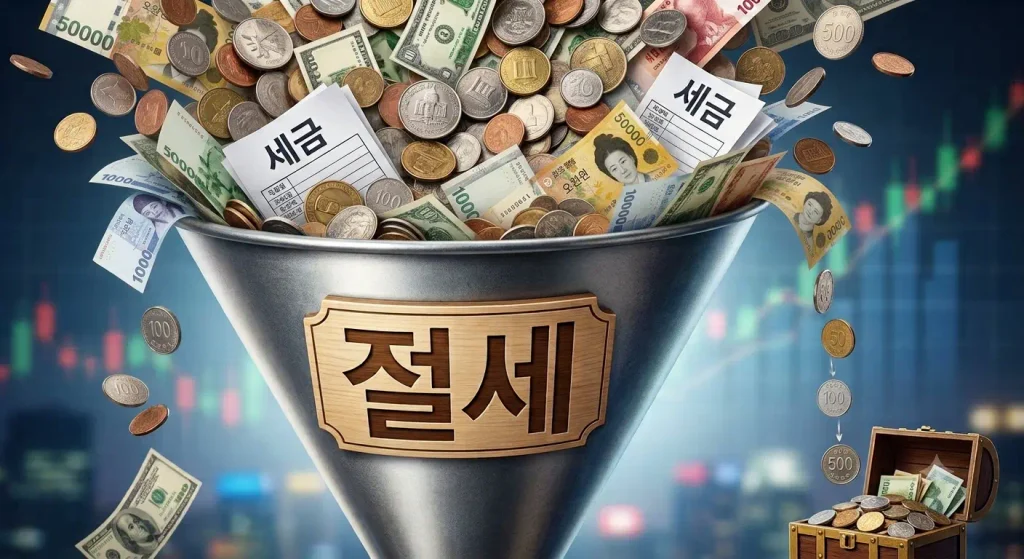 부가세 종소세 절세 "절세"라고 적힌 현판이 부착된 대형 깔때기 위로 5만원권, 1만원권 등 한국 원화 지폐와 동전, 세금 고지서가 가득 쏟아져 들어가고, 아래 좁은 출구로는 줄어든 소량의 동전만 보물상자로 떨어지는 절세 개념 3D 일러스트